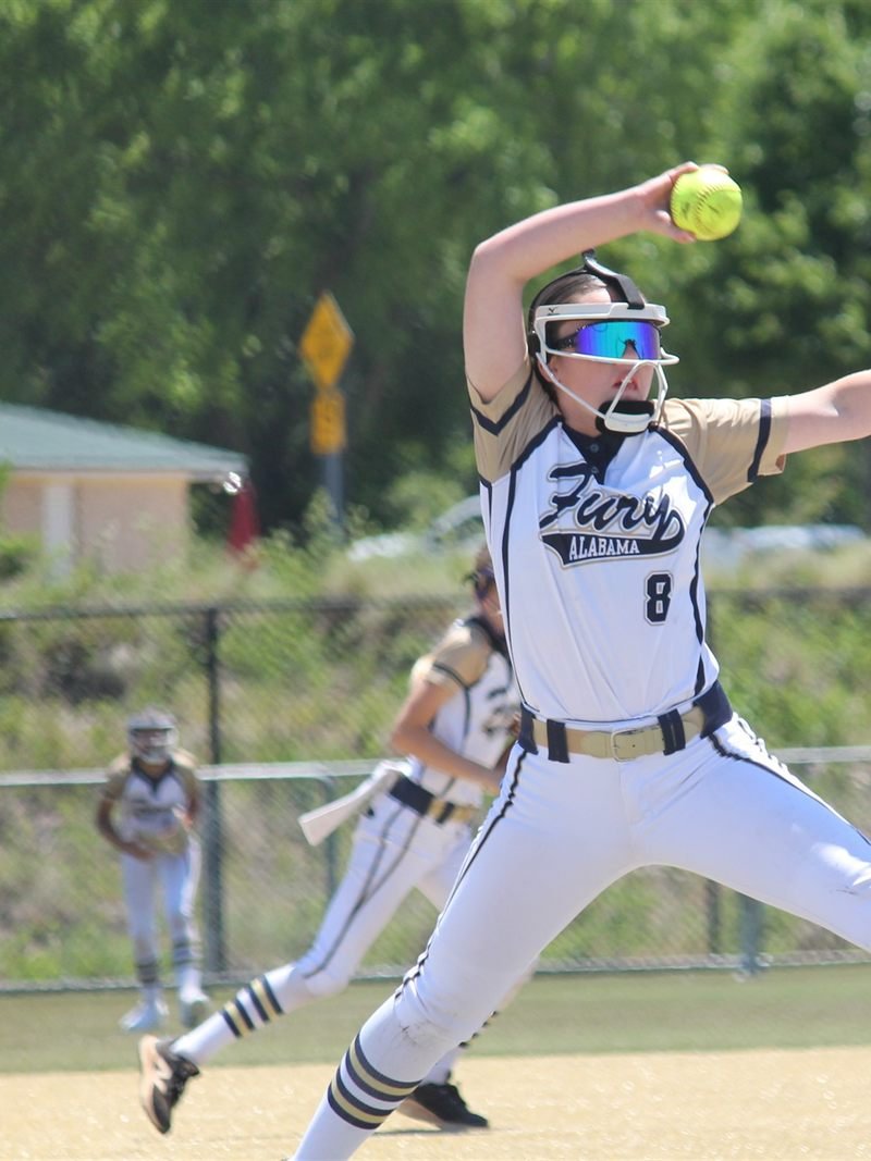 A Fury pitcher at the top of her delivery, ball in hand